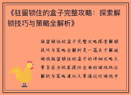 《驻留锁住的盒子完整攻略：探索解锁技巧与策略全解析》